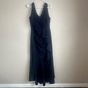 Betsy & Adam Navy Blue Ruched Ruffle V Neck Sleeveless Formal Gown Dress 14W